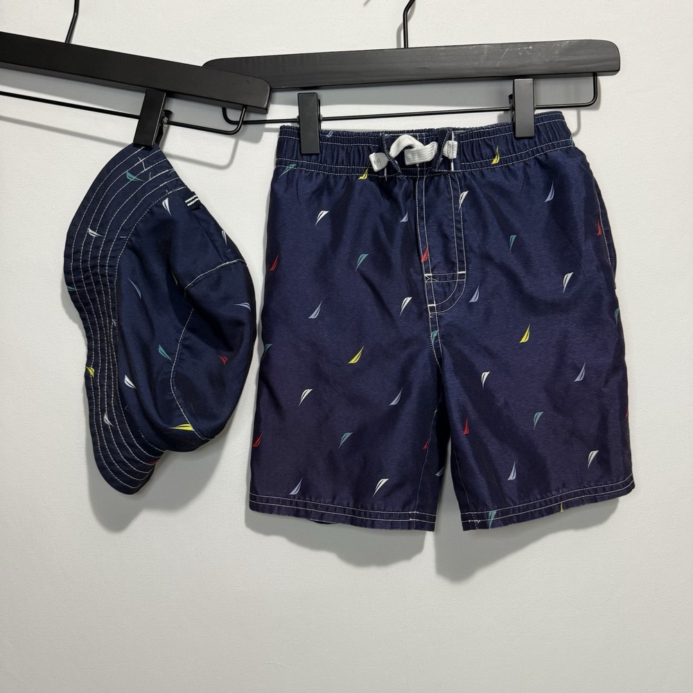 Boy's Youth Nautica Swim Trunks And Hat Blue Sailboat  Size 5